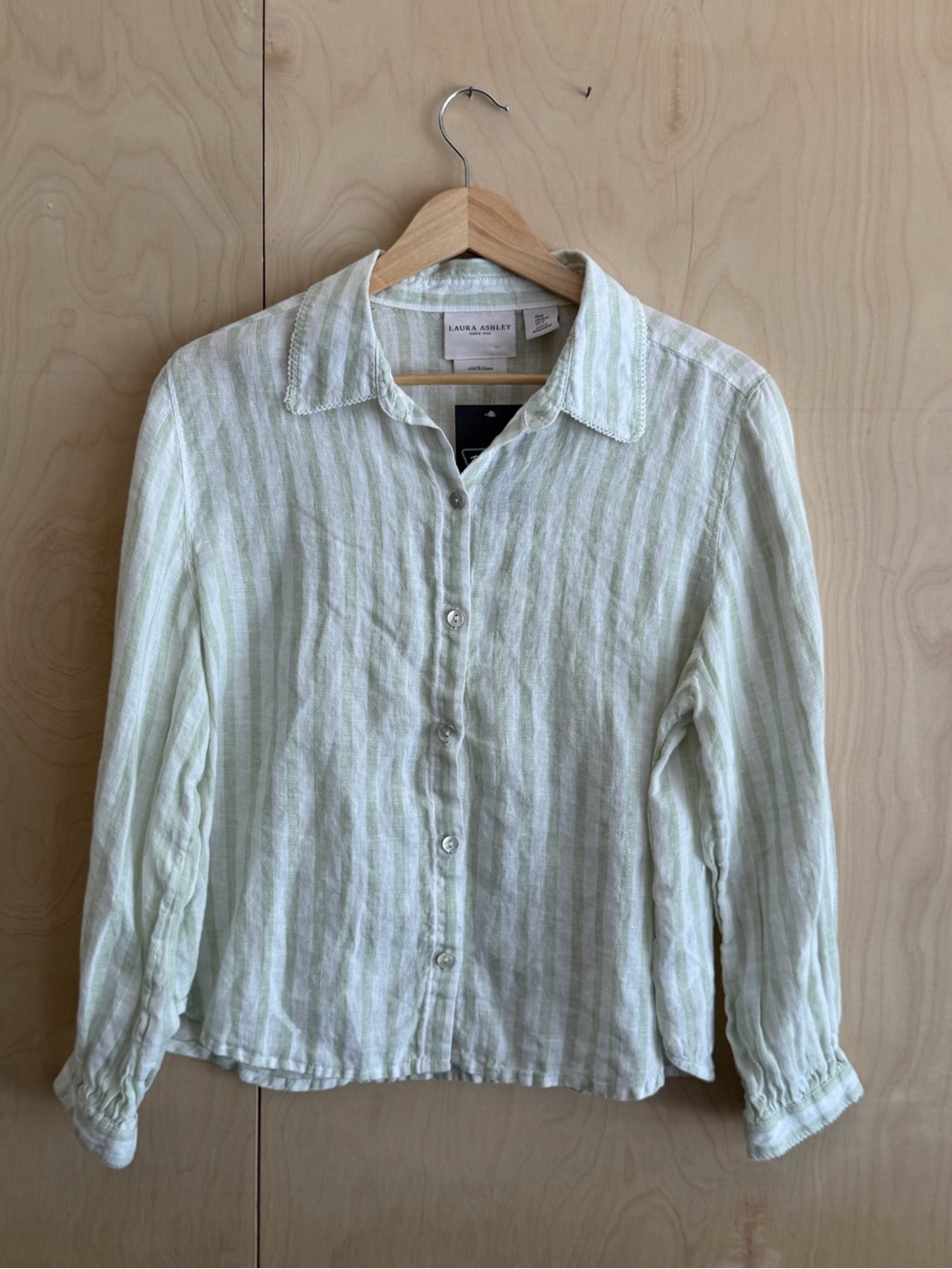 Laura Ashley Pale Green and White Striped Linen Button Shirt